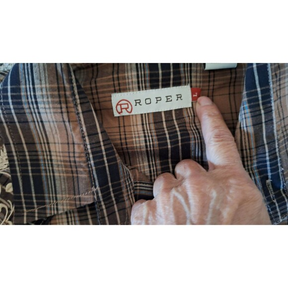 Men's Roper Brown‎ plaid check western pearl snap rodeo cowboy Large - Picture 4 of 9